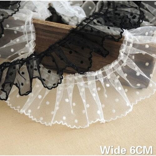 6CM Wide White Black Tulle Fabric Embroidered Wavelet Dot Pleated Mesh Yarn 3d Guipure Lace Trim Collar Sewing Hat Clothing DIY