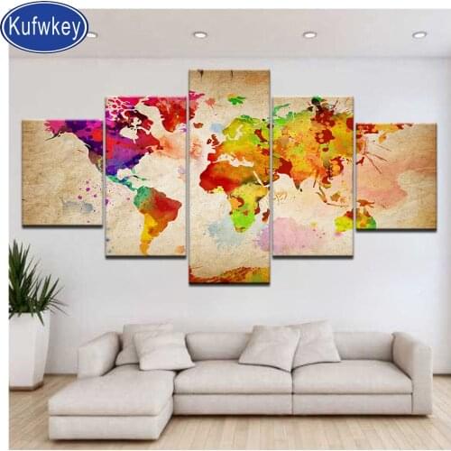 Diamond Embroidery Watercolor World Map full square drill 5 pcs diy Diamond painting Cross Stitch mosaic diamond art for office