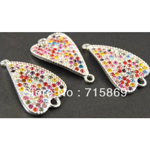 Free Shipping 200pcs/Lot 45mm x 26mm Artistic Heart Shape Silver Plated Rhinestone Curved Bracelet Connector Multi Color