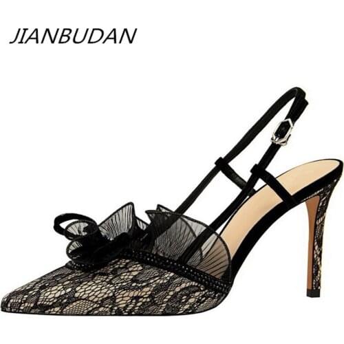 JIANBUDAN Sexy banquet high heel sandals Brand design womens lace Pumps 9cm high heel fashion womens office shoes Pointed Toe