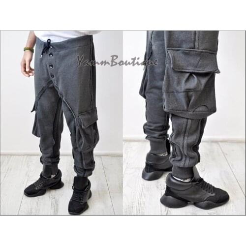 Dark Black Mens Military Cargo Pants Loose Fit Biker Multi Big Pockets Utility Sweatpant Joggers / Tapered Fit Round Knit Butto