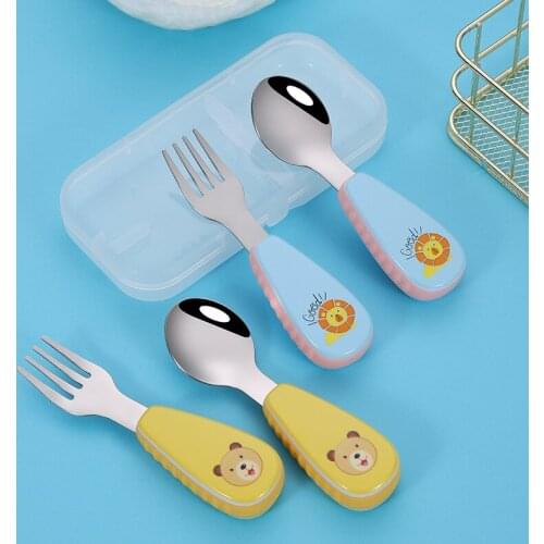 Baby Feeding Spoon Fork Set Stainless Steel Toddler Infant Tableware Flatware Kids Cutlery without Ant-Dust Box