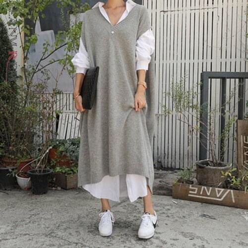 LANMREM Long vest coat over knee Korean style loose student sweater bfwind bat sleeve sweater dress trendy