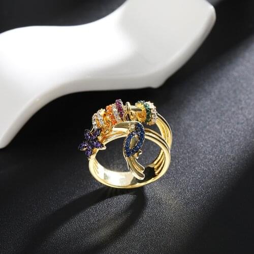 New Flower Palm Tree Bigbeak Bird Rings Colorful Zirconia Multi Circle Parrot Index Ring Women Valentines Gifts Zk30