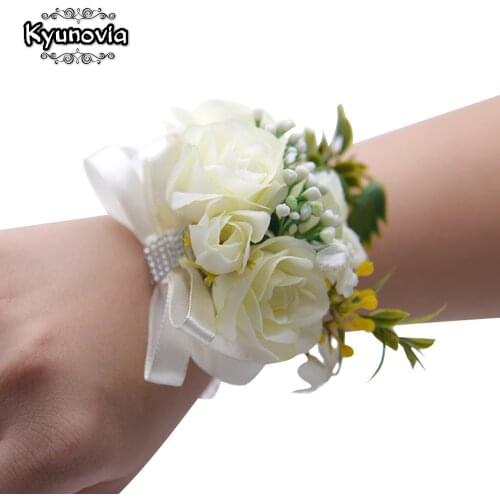 Kyunovia Blush Flower Wrist Corsage Ivory Silk Wedding Bride Wrist Flower Bridesmaid Bracelet Hand Flowers Wrist Corsage D35