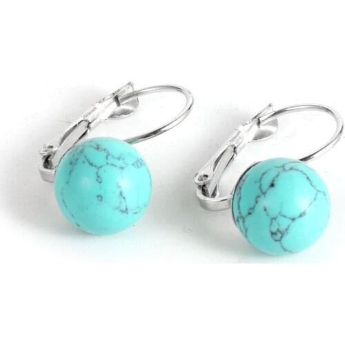 Fashion Boho Natural Gem Stone Stud Earrings Simple Round Turquoises Crystal Silver Color Copper French Earring Hoop For Women