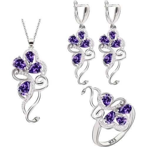 Trendy Purple Amethyst 925 Silver Jewelry Set for Women Wedding Earrings Necklace Penant Ring 5 Colors Available