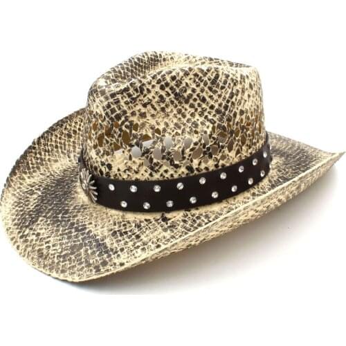 Nature Straw Women Men Western Cowboy Hat Handmade Weave Lady Dad Sombrero Sun Cowgirl Jazz Caps Punk Belt Band Size 56-58CM