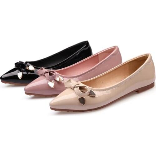 New autumn winter patent leather bowtie flat shoes woman pointed toe black/pink OL mules ladies ballet flats big size 41 y610