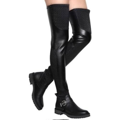 Fall winter square flat heel black leather stretchy long boots buckle strap thigh high boots for women