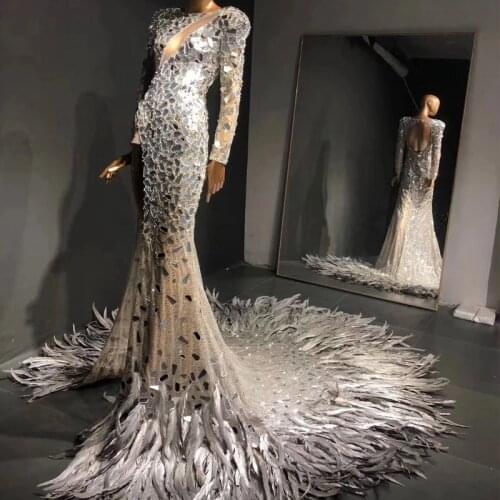 Perspective mesh Sparkly Silver Mirror Long Dress Birthday Celebrate Feather tail Dress Bar Women Singer Dancer Evening Dress