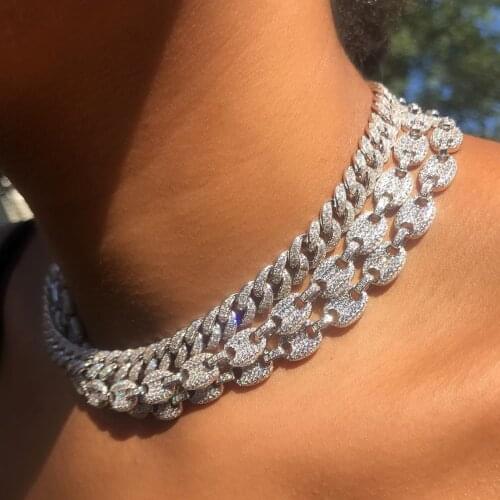 Drop ship Hip Hop Miami Curb Cuban Chain oval shape charm Iced Out Paved Rhinestones CZ Bling Rapper chain choker Jewelry