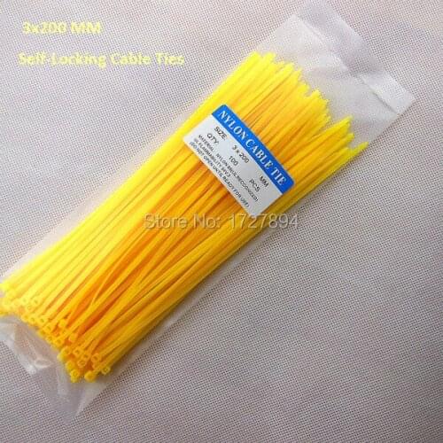 100pcs/lot 3x200mm colorful Nylon cable ties 2.5mm Self-locking type Yellow cable ties