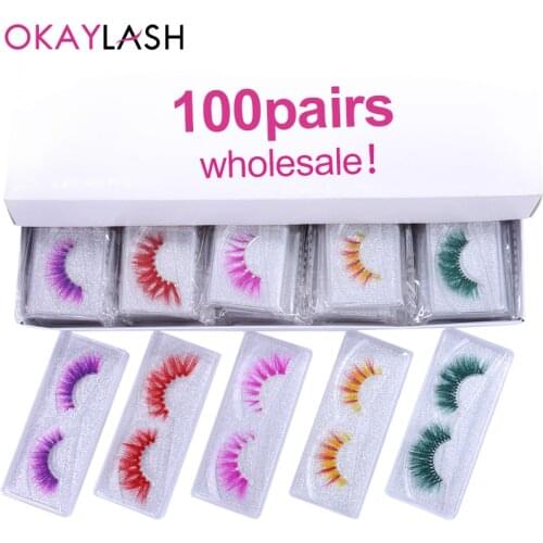 OKAYLASH 50/100pairs 3D False Colored Eyelashes Wholesale Real Mink Dramatic Fluffy Dense Color Rainbow Lashes Bulk Order