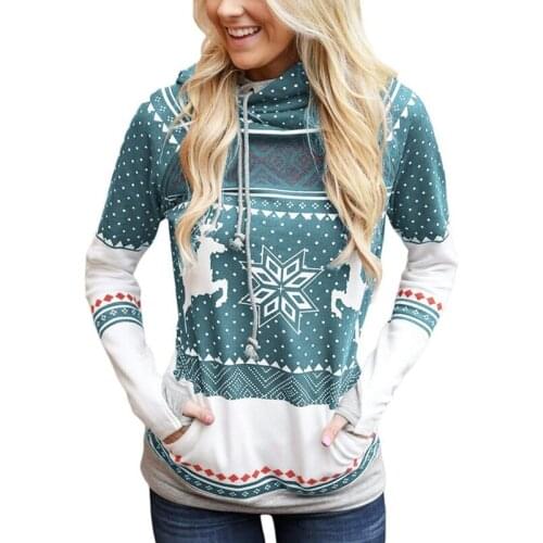 Christmas Hoodies Women Zipper Dot Elk Snowflake Printed Sweatshirt Female Drawstring Hoody Pullover