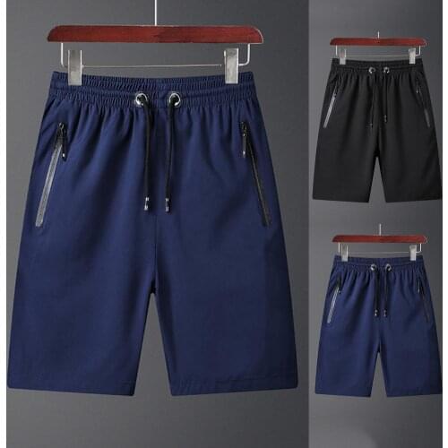 Men Shorts Solid Color Zipper Pockets Drawstring Quick Dry Knee-length Shorts Short Pants for Outdoor Sports Casual Shorts