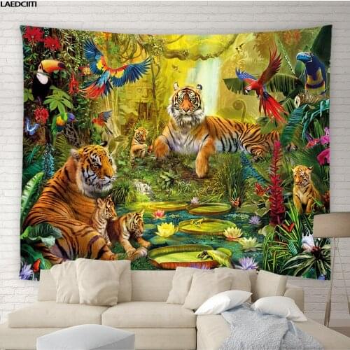 Tropical Jungle Scenery Tapestry Leopard Lion Parrot Wild Animals Background Wall Hanging Living Room Bedroom Bohemia Home Decor