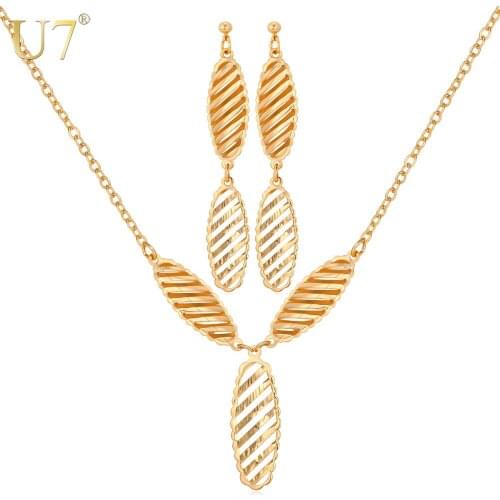 U7 Trendy Leaf Necklace Set Party Gold Color Hollow Leaf Pendant Necklace Earrings Jewelry Sets For Women S627