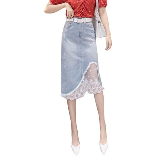 2020 New Summer Women Gauze Lace Denim Skirt Female Woman splice elegant Slim Ripped Hole High waist Mid-length Denim Skirt T419
