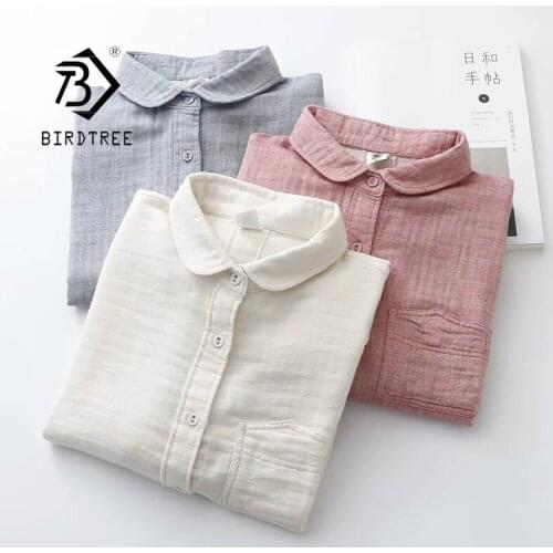 Autumn New Women Cotton Turn Down Collar White Shirt Long Sleeve Pockets Solid Blouse Button Up Loose Spring Casual Tops T09404