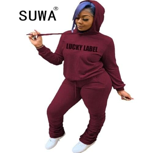 Women Sportswear Tracksuits Casual Two Pieces Set Lucky Label Letter Print Long Sleeve Hooded Hoodie+stacked Sweatpant Sweatsuit