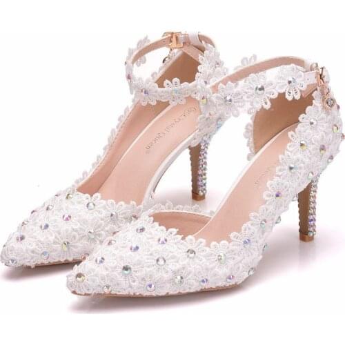 Women sandals wedding Party Lace PU Rhinestones Buckle Strap 7.8CM Thin High heels Pointed Toe sandal for women shoes size 35-42
