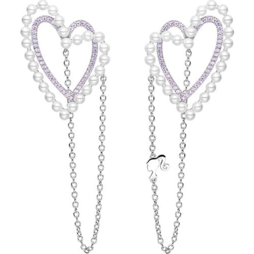 SLJELY Luxury Designer Fashion 925 Pure Sterling Silver Lavender Love Heart Chain Tassel Earrings with Pearls for Women Girls