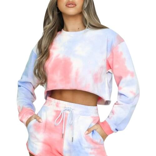 Casual Tie Dye Two Piece Set Women Long Sleeve Autumn Loose Biker Shorts Streetwear Outfits Tracksuits Matching Sets Sportswear