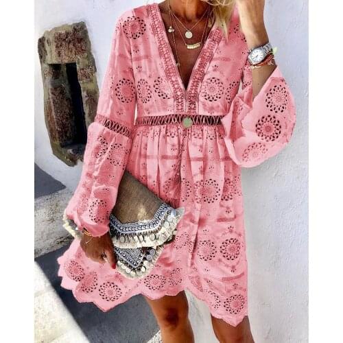 2021 Summer Sexy Hollow Out Print Vintage Dress Women Long Sleeve A-Line Dresses Fashion Deep V Neck Party Dress Vestido