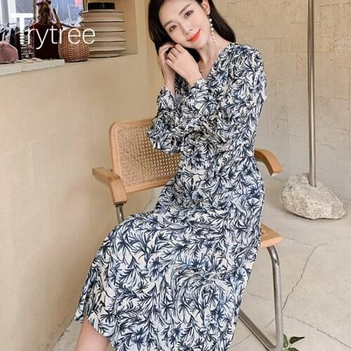 Trytree 2020 Spring Autumn Women Dress Casual V-neck Flare Sleeve Drawstring Fashion Print Elegant A-line Mid-Calf Dress