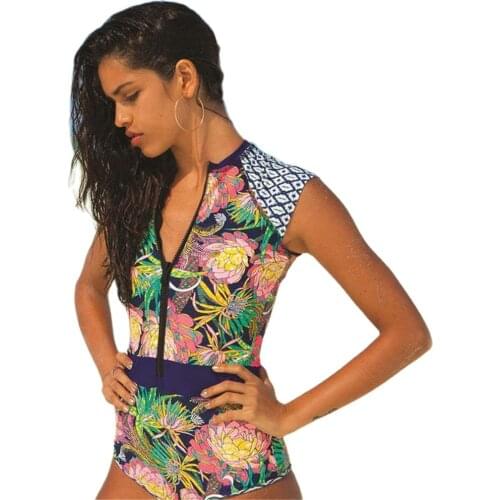 Sleeveless Rash Guard Women Floral Print Swimwear High Neck One Piece Swimsuit Brazilian Monokini Diving Surf Wetsuit Bath Suit