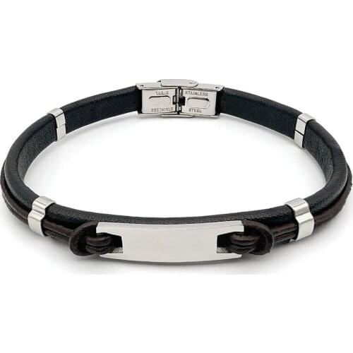 Runda Fashion MenS Leather Bracelet With Blank Tag Simple Stainless Steel Jewelry For Boyfriend Gift
