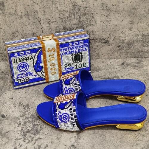 Hot Sale Blue Low Heel 2.3CM Women Shoes Match Purse With Rhinestone Decoration African Handbag Set CR663