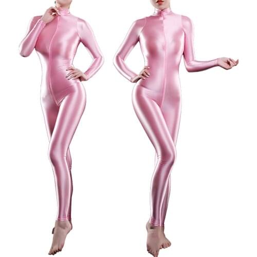 Sexy Women Shiny Full Body Bodysuit Oil Gloosy Lingerie Double Zipper Fetish Catsuit Sheer See Through Sexy Hot Erotic Tight