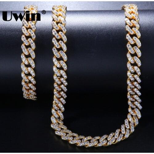 Uwin 9mm Necklace & Bracelets Set Full CZ Bling Fashion Cuban Link Chain White Gold Color Hiphop Jewelry For Women Drop Shipping