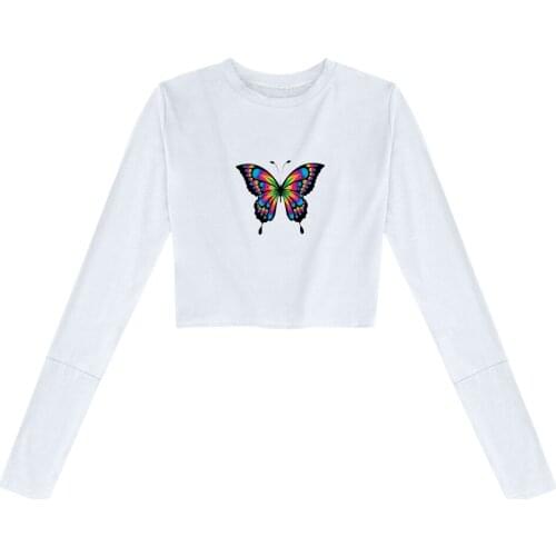 Korean Fashion Harajuku Butterfly Cotton Pant Set Ulzzang Cute Women Tops Long Sleeve T-shirt for Lady Sexy Clothes Basic Tshirt