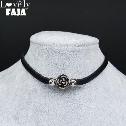 Leather Stainless Steel Gothic Rose Necklace Silver Color Statement Necklace Jewelry gargantillas cortas mujer moda N2027S4