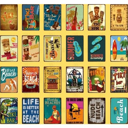 Summer Tiki Bar Beach Bar Tin Sign Metal Poster Tin Sign Vintage Wall Art Plaque Signs Retro Pub Bar Home Decor