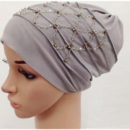 Fashion Muslim Caps Hijab Inner Hijabs Net yarn Beaded Arab Shawls Headwear Islamic Hats Scarf Headband #XM888