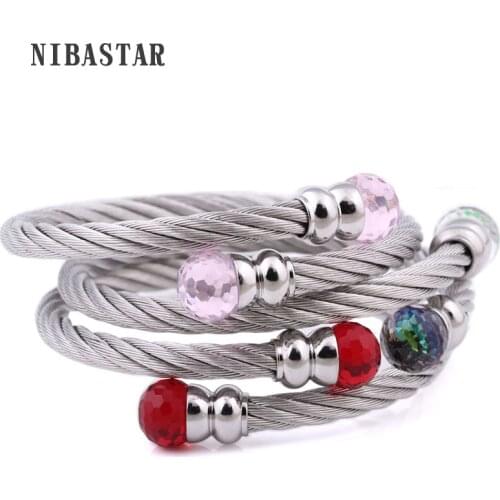 Fashion Jewelry Womens Open Bangle Stainless Steel Twisted Cable Wire Bracelet Bangle With Pave Crystal Rhinestone