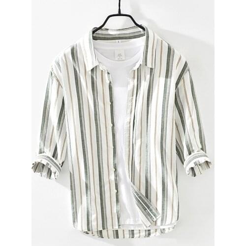 Mens Cotton Linen Shirts Three Quarter Striped Business Dress Shirt Men Fashion Casual Shirts Male Camisa Streetwears TS-739