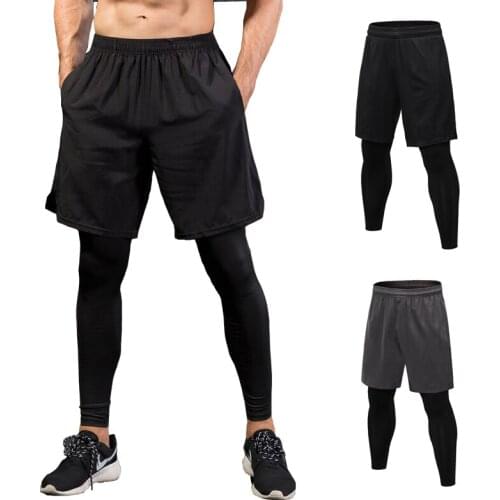 Men Skinny Running Pants False Two Pieces Shorts Leggings Fitness Sport Pants Quick-drying Elastic Jogging Tights Men Sportswear