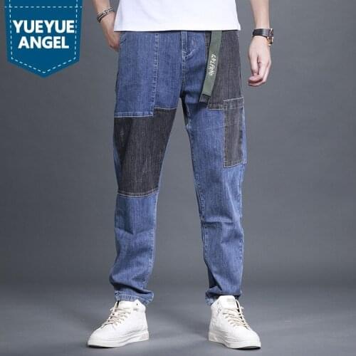 Men Blue Spliced Jeans Summer New Thin Loose Fit Straight Denim Pants Zipper Preppy Style Casual Sashes Trousers Male 28-36