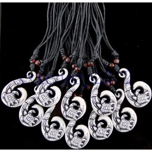 Wholesale 12 pcs Hand Carved Surfing Turtles Leaves Fish Hook Pendant Wood Beads Adjustable Necklace Gift MN258