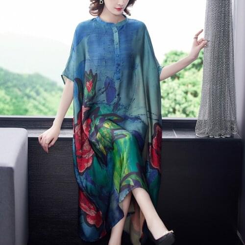 2021 summer new plus size women silk print fashion dress women wide lady retro stand collar bat sleeve loose big flower dresss35