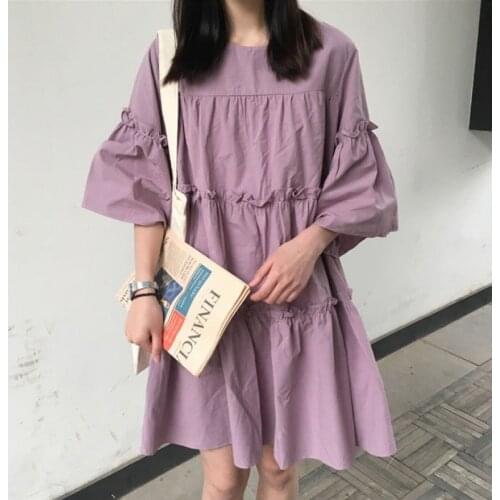 Plus Size Sweet Purple Dress Women LOOSE Flare Sleeve O-Neck Mini Dress Summer Korean Casual Womens Dresses Vestidos De Mujer