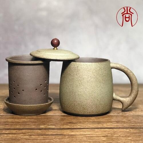 Handmade Round Heath Ceramic Teacup With Cover Pu'er Filter Tea Cup office cups gift travel kung fu Tea Drinkware