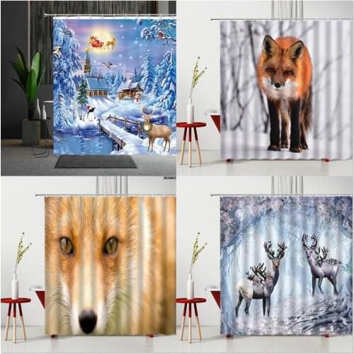 3D Animal Printed Shower Curtains Dreamy Christmas Elk Forest Snow Landscape Polyester Home Bath Hanging Curtain Washable Fabric