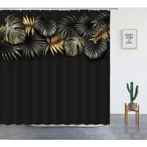 Tropical Green Plant Bathroom Shower Curtains Black Background Gold Palm Leaf Pattern Bath Curtain Waterproof Bathtub Home Decor