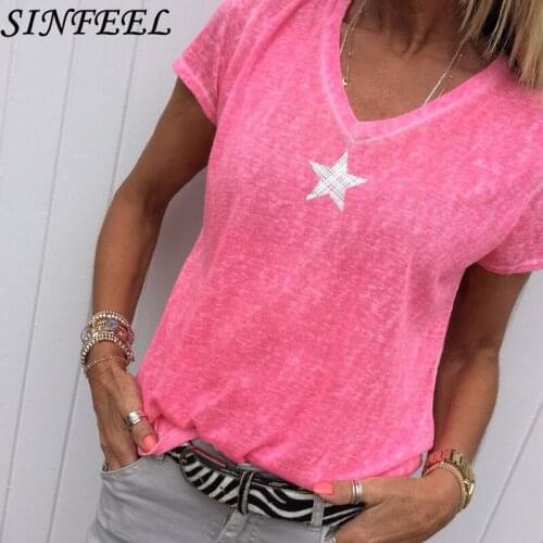 S-8XL Summer Women T-shirt V-Neck Short Sleeve Tee Femme Slim Star Vintage Oversized T-Shirt Casual Lady Tshirt Tops Plus Size